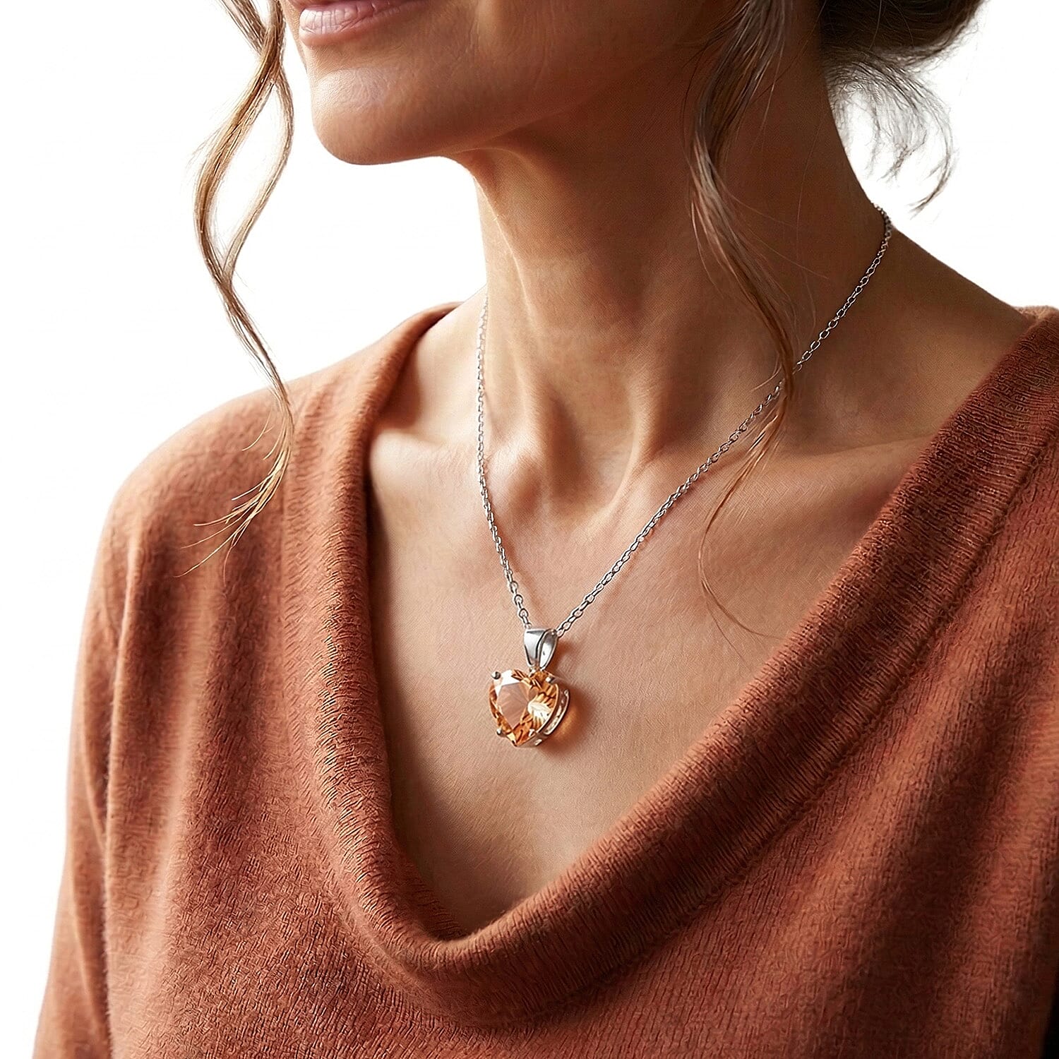 Orange Cubic Zirconia Solitaire Chunky Heart Pendant in Sterling Silver, Silver Wt 6.90 GM