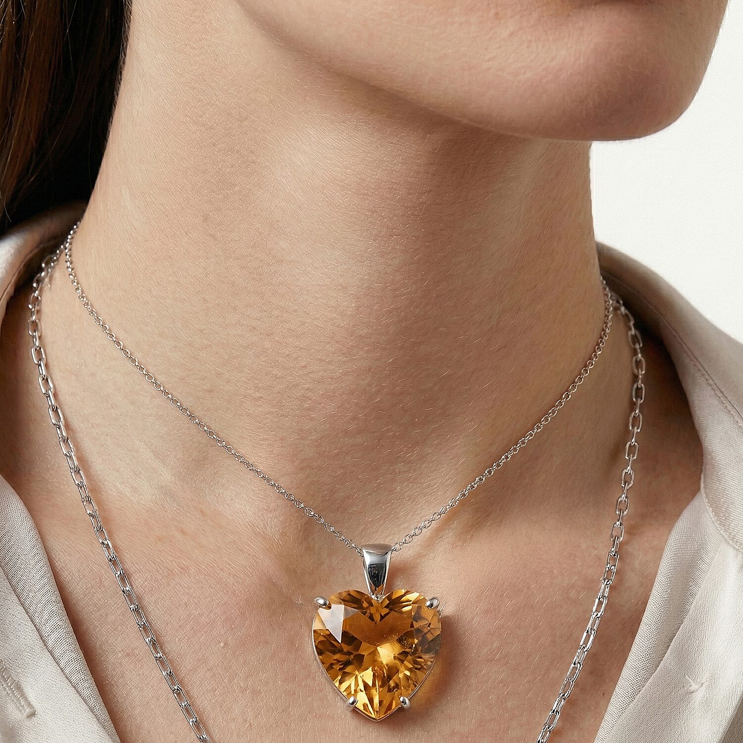 Orange Cubic Zirconia Solitaire Chunky Heart Pendant in Sterling Silver, Silver Wt 6.90 GM