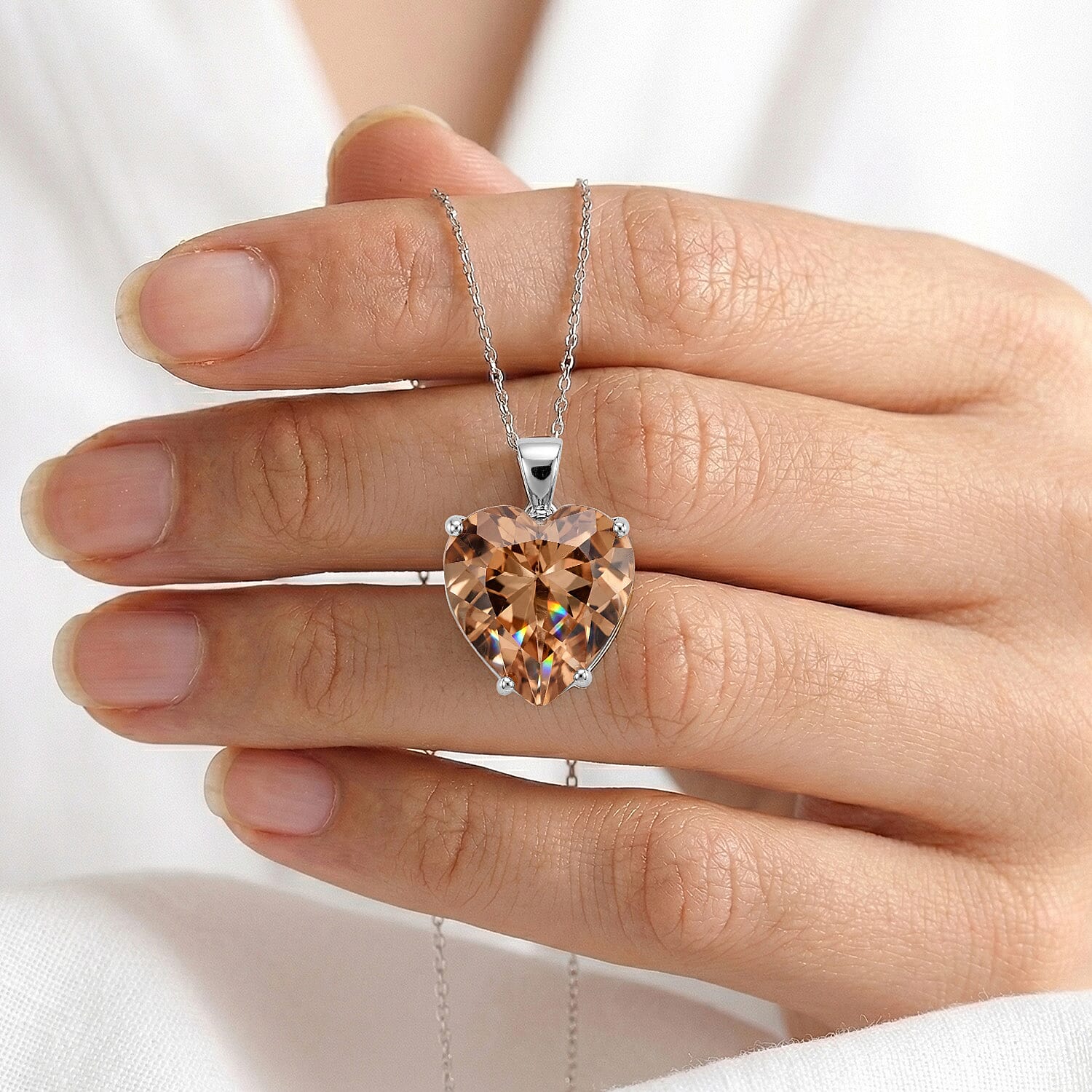 Orange Cubic Zirconia Solitaire Chunky Heart Pendant in Sterling Silver, Silver Wt 6.90 GM