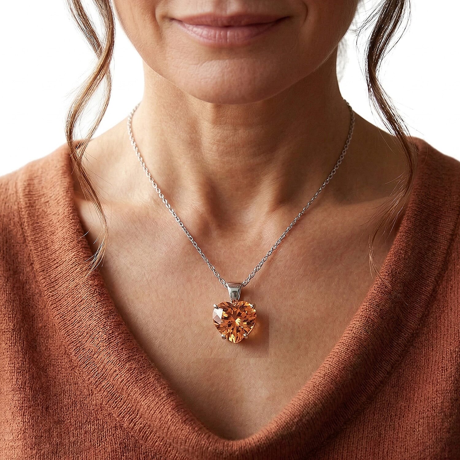 Orange Cubic Zirconia Solitaire Chunky Heart Pendant in Sterling Silver, Silver Wt 6.90 GM