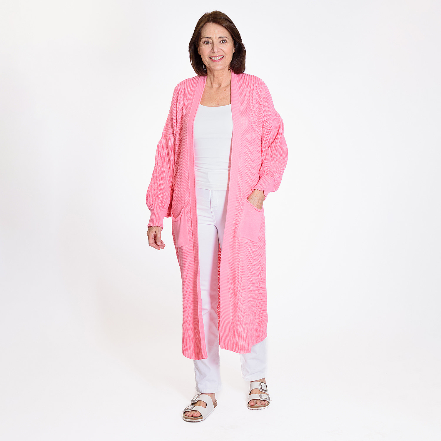 Knitted Long Cardigan with Pockets (Size 8-24) - Paris Pink