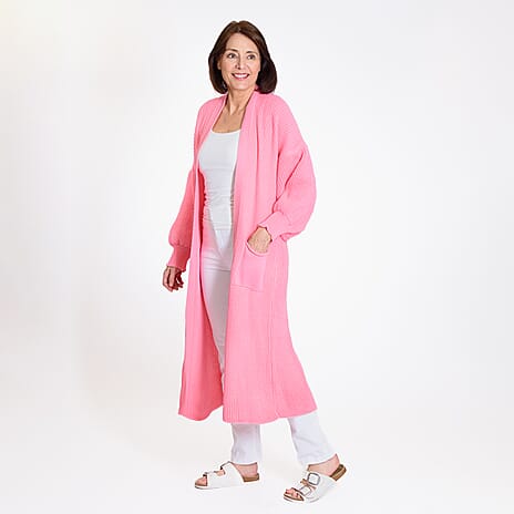 Knitted Long Cardigan with Pockets (Size 8-24) - Paris Pink