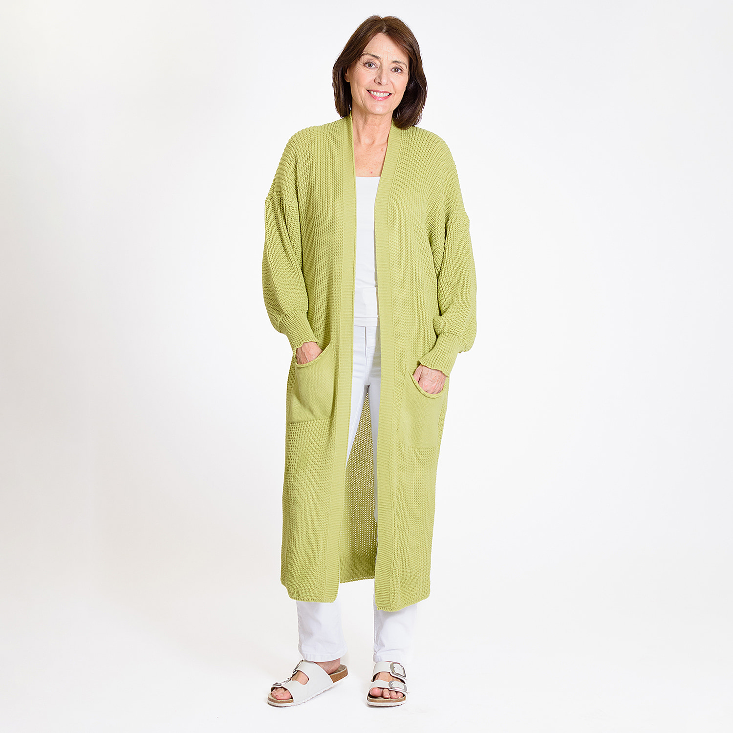 Knitted Long Cardigan with Pockets (Size 8-24) - Green