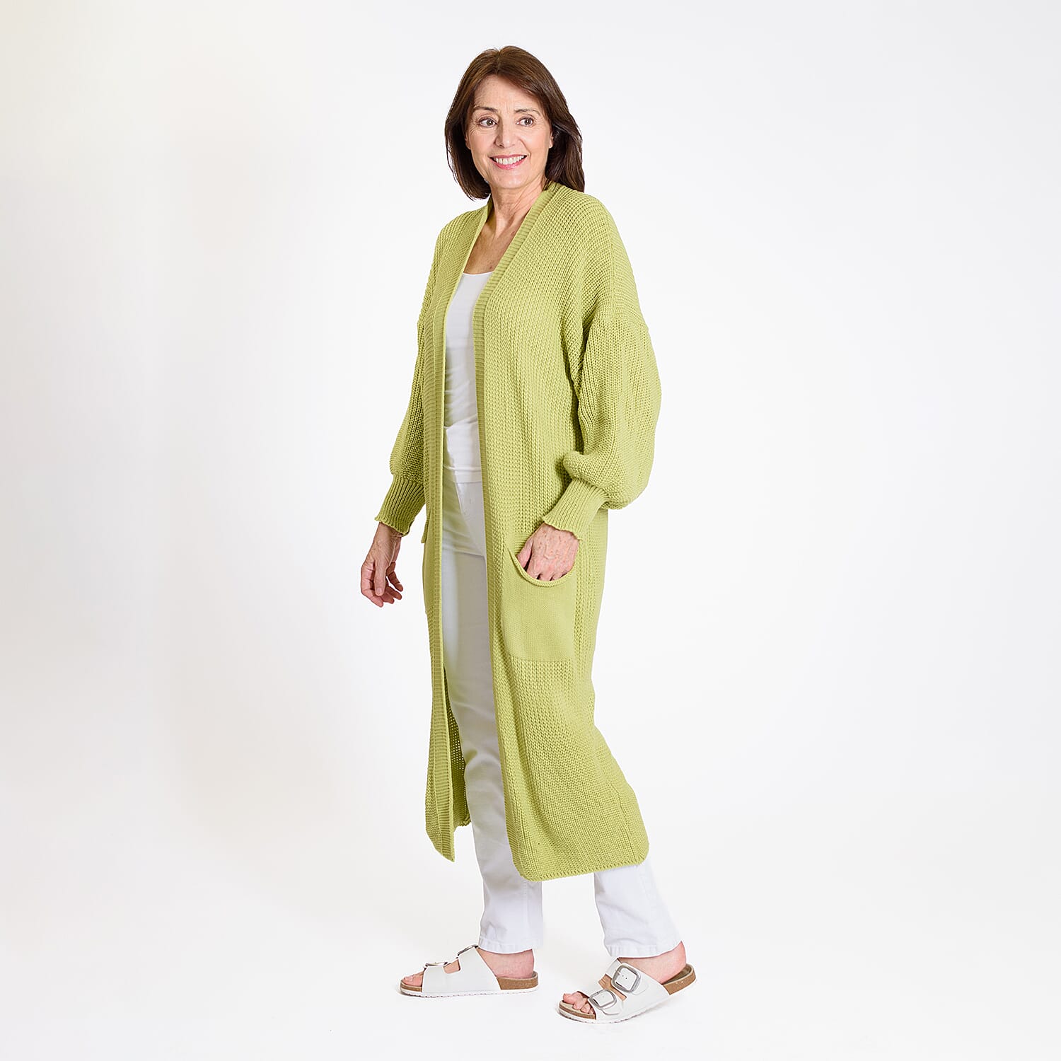 Knitted Long Cardigan with Pockets (Size 8-24) - Green