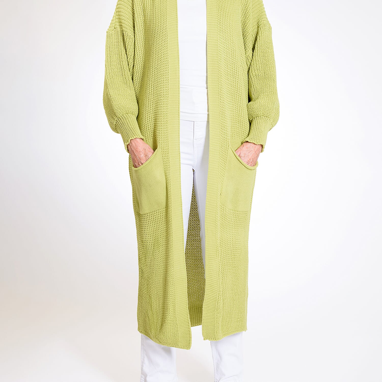 Knitted Long Cardigan with Pockets (Size 8-24) - Green