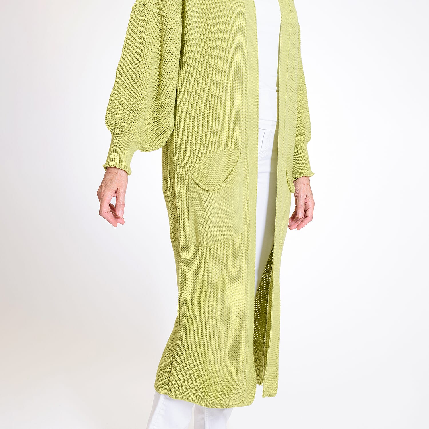 Knitted Long Cardigan with Pockets (Size 8-24) - Green