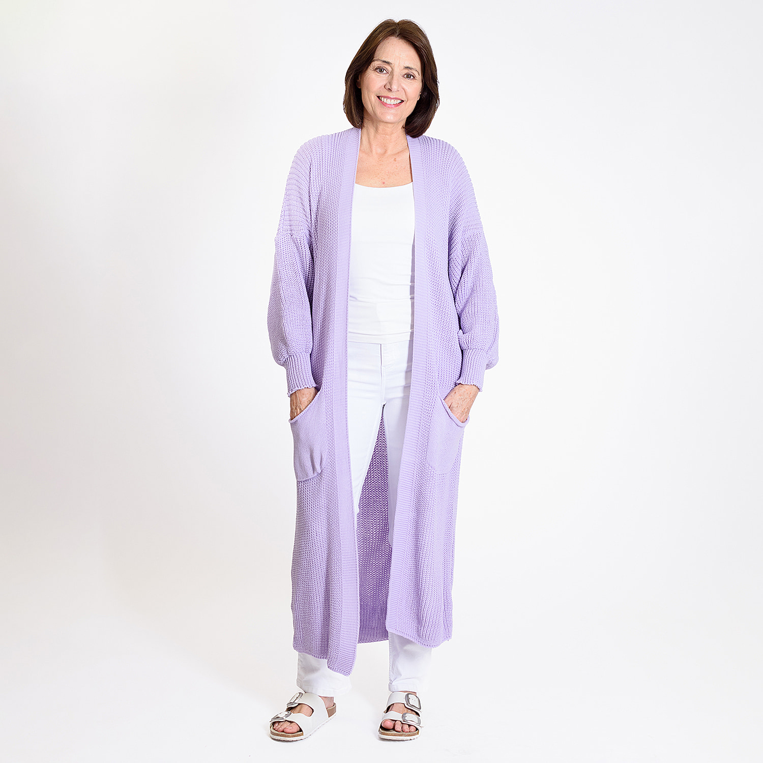 Knitted Long Cardigan with Pockets (Size 8-24) - Lilac