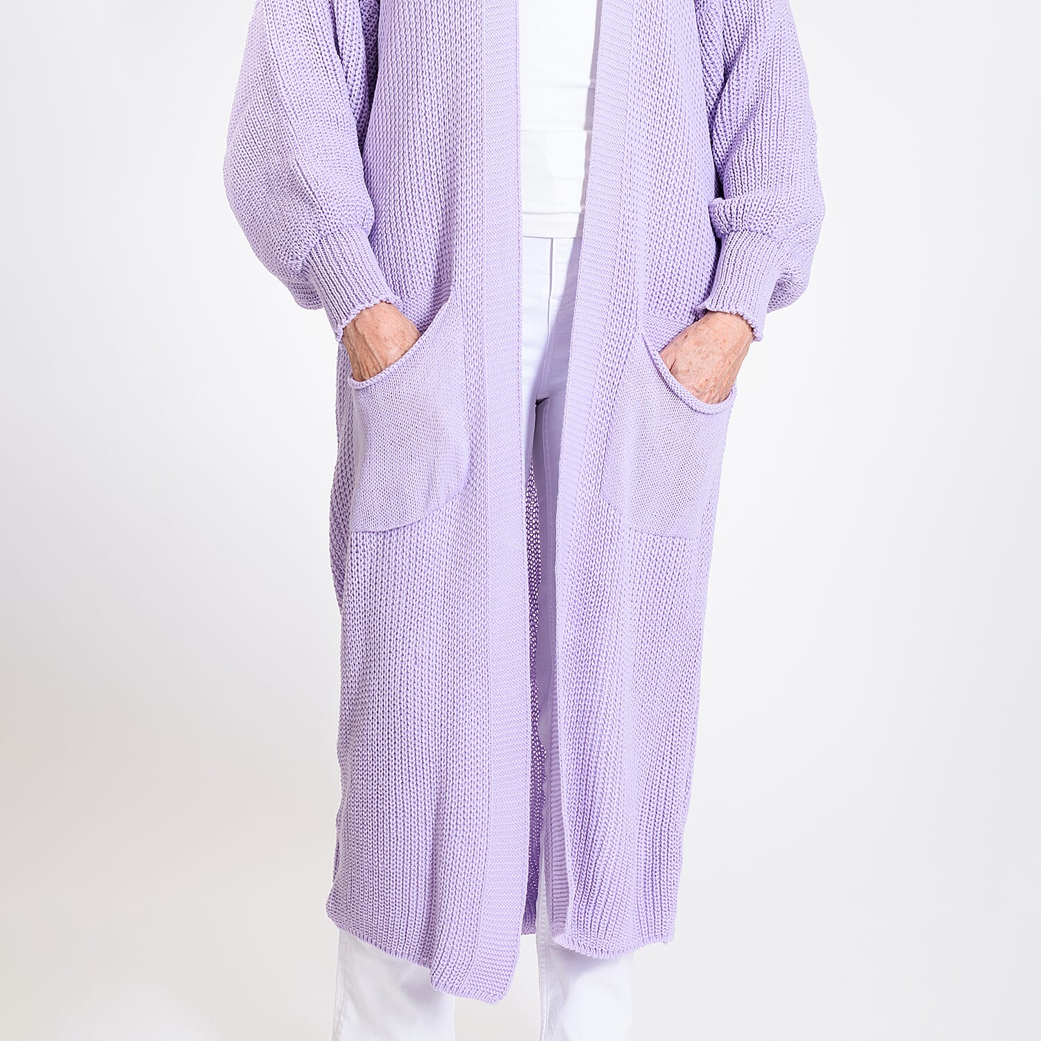 Knitted Long Cardigan with Pockets Size 8 24 Lilac