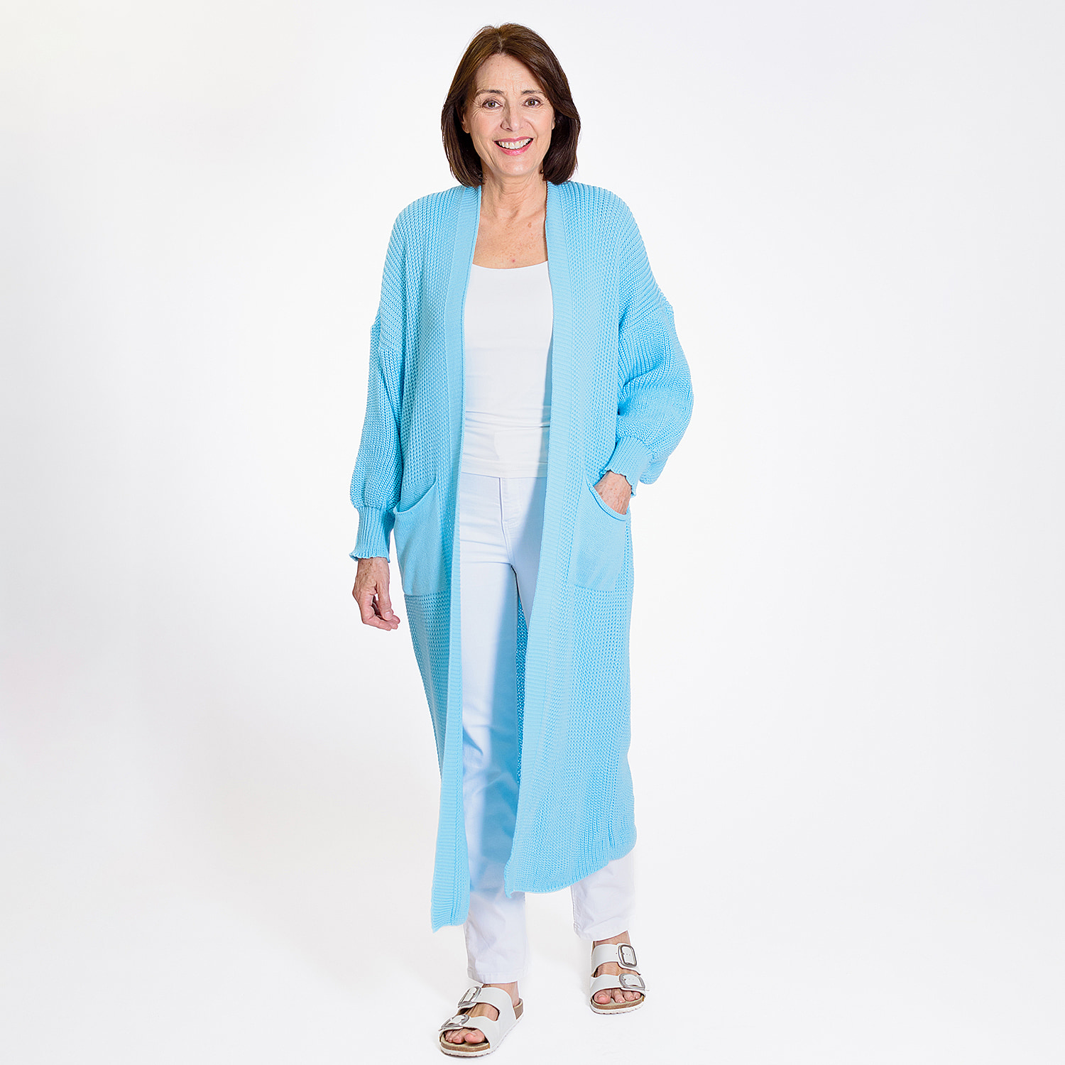 Knitted Long Cardigan with Pockets (Size 8-24) - Blue