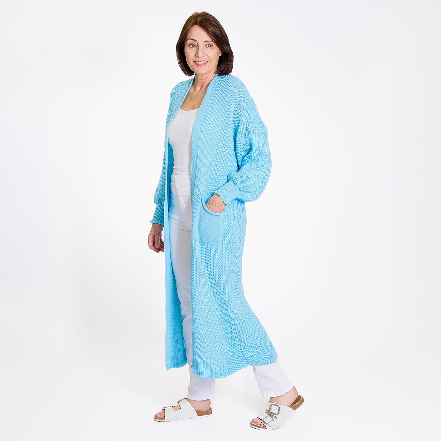 Edge to Edge Knitted Long Cardigan (Size 8-20) - Sea Spray