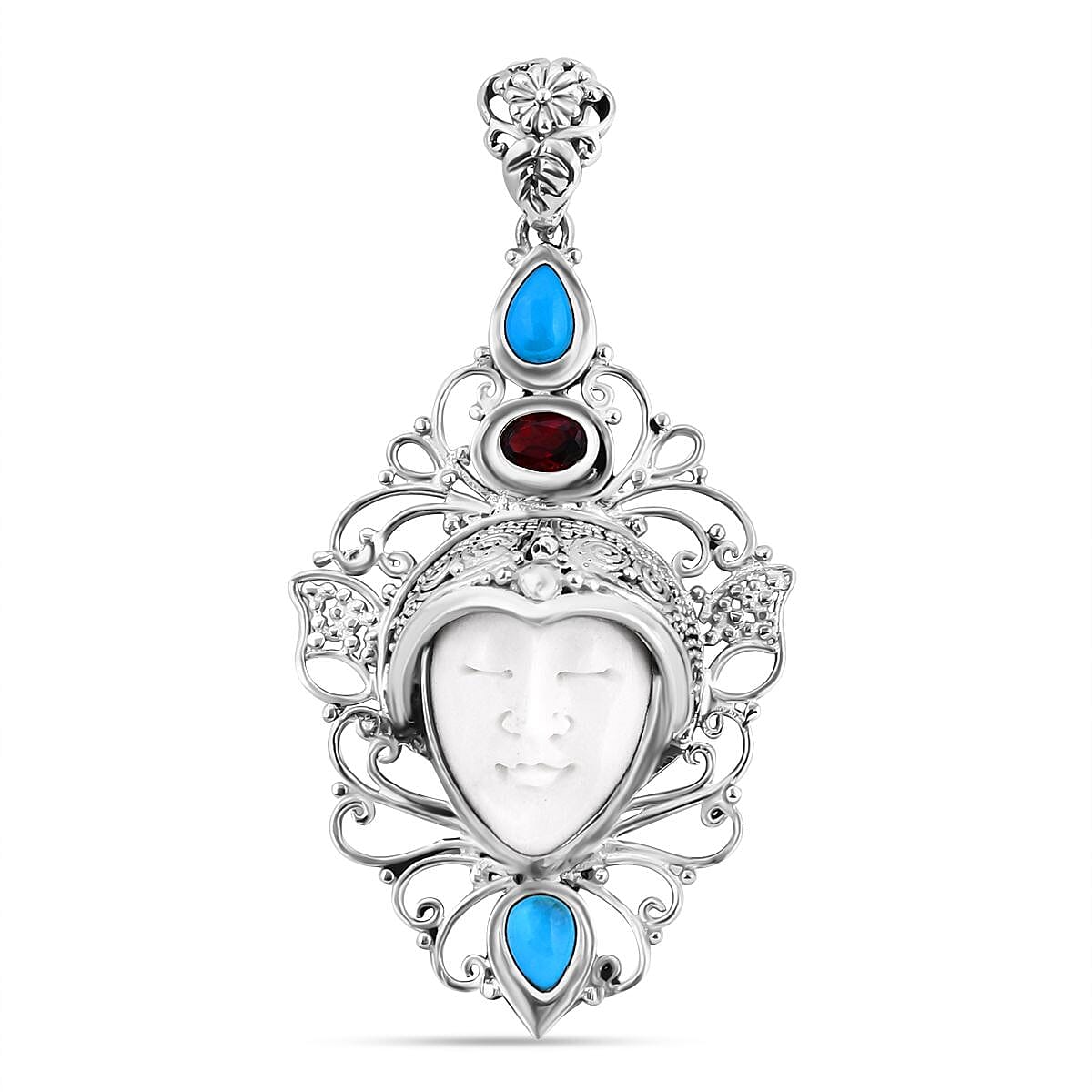 Royal Bali - Princess Bali Collection - Handmade Ox Bone, Red Garnet  & Sleeping Beauty Turquoise Goddess Pendant Sterling Silver Silver Wt. 8.5 Gms