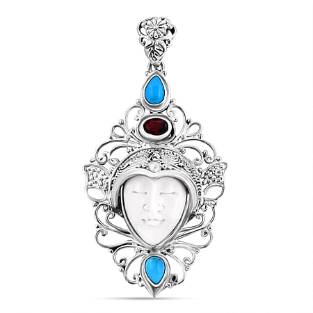 Royal Bali - Princess Bali Collection - Handmade Ox Bone, Red Garnet  & Sleeping Beauty Turquoise Goddess Pendant Sterling Silver Silver Wt. 8.5 Gms