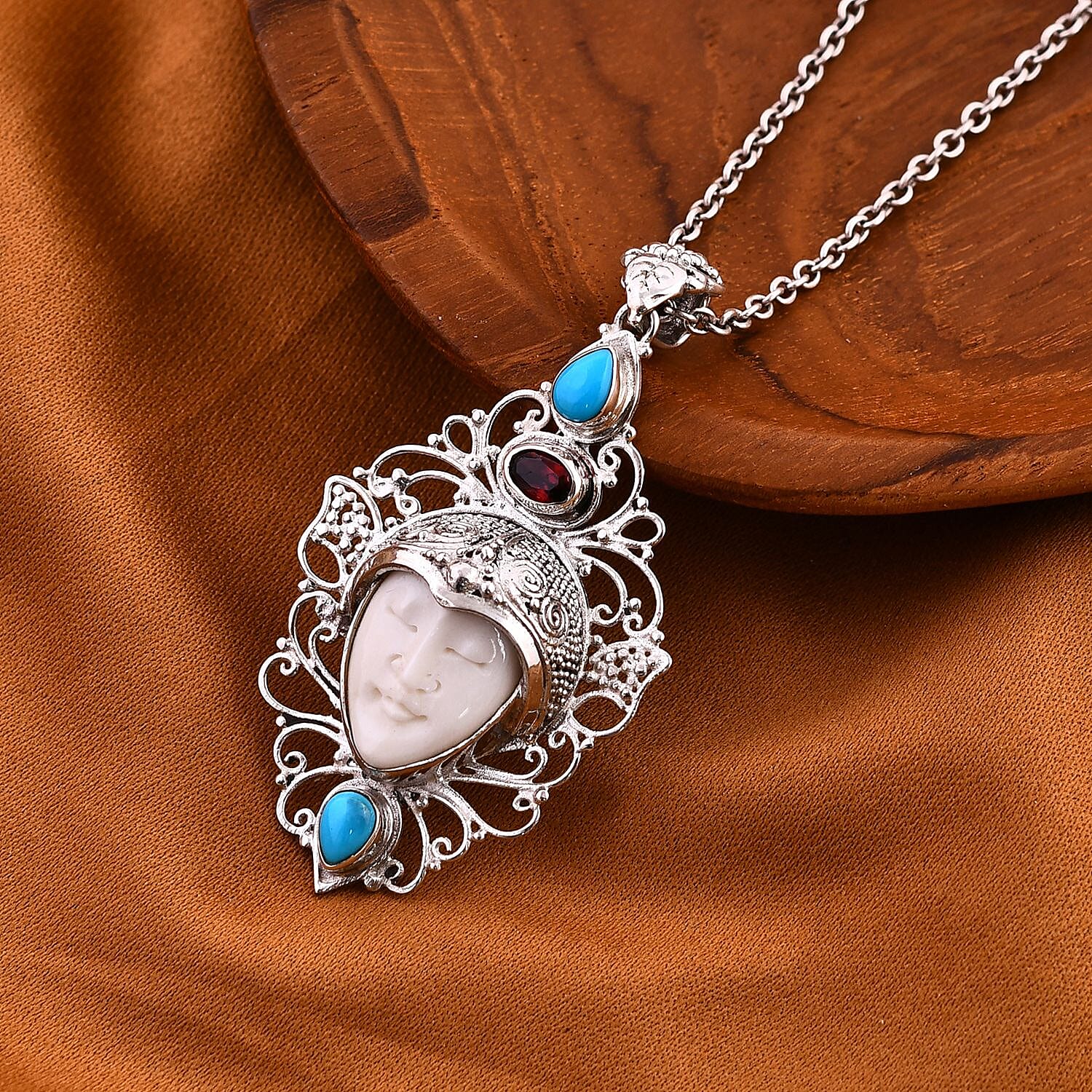Royal Bali - Princess Bali Collection - Handmade Ox Bone, Red Garnet  & Sleeping Beauty Turquoise Goddess Pendant Sterling Silver Silver Wt. 8.5 Gms