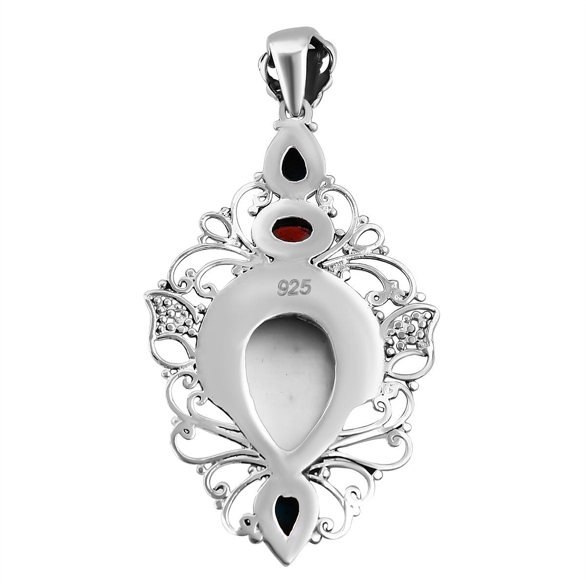 Royal Bali - Princess Bali Collection - Handmade Ox Bone, Red Garnet  & Sleeping Beauty Turquoise Goddess Pendant Sterling Silver Silver Wt. 8.5 Gms