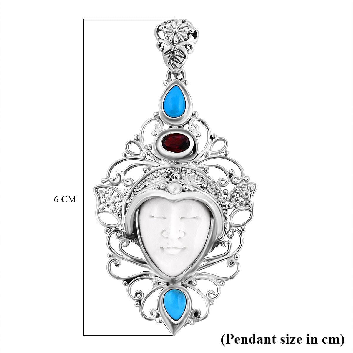 Royal Bali - Princess Bali Collection - Handmade Ox Bone, Red Garnet  & Sleeping Beauty Turquoise Goddess Pendant Sterling Silver Silver Wt. 8.5 Gms