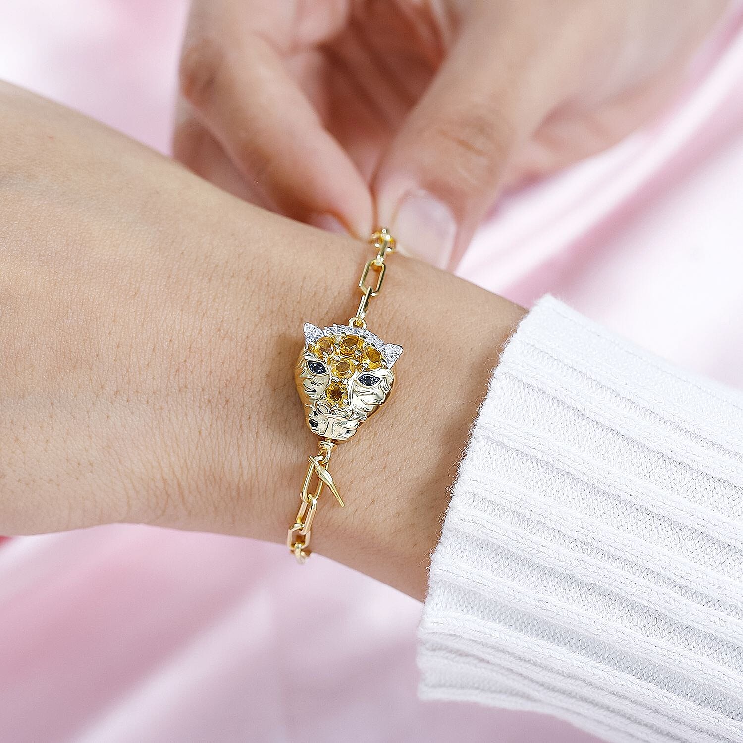 GP Italian Garden Collection - Citrine & Multi Gemstone Paperclip Openable Lock Mechanism Bracelet (Size - 8) in 18K Gold Vermeil Sterling Silver 1.10 Ct