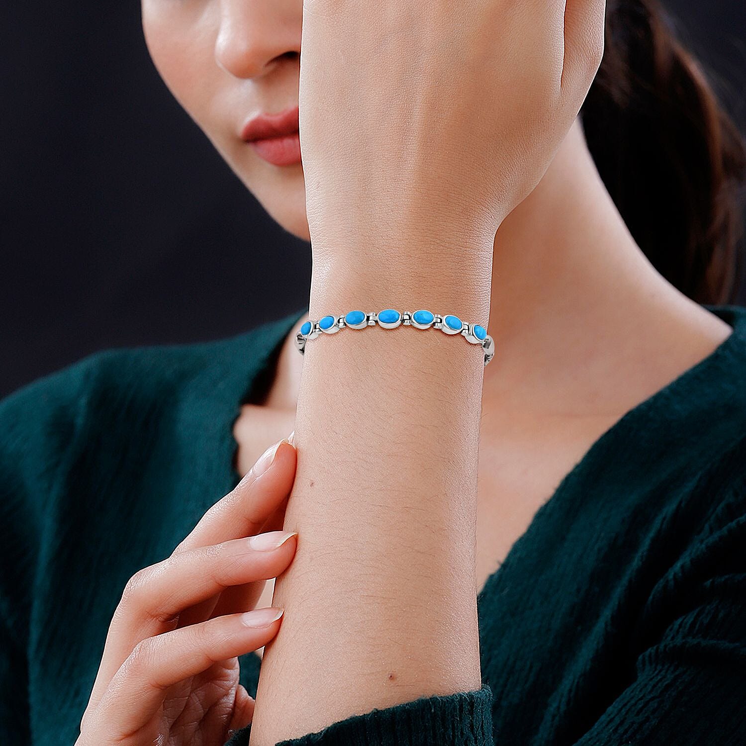 Royal Bali Collection Mega Closeout - Sleeping Beauty Turquoise Borobudur Bracelet (Size - 7.5)  Sterling Silver Wt. 11.10