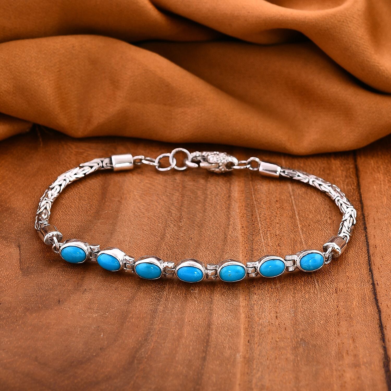 Royal Bali Collection Mega Closeout - Sleeping Beauty Turquoise Borobudur Bracelet (Size - 7.5)  Sterling Silver Wt. 11.10