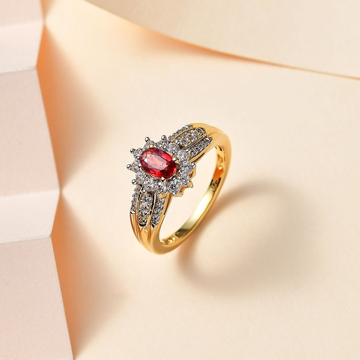 Red Orange Sapphire & Natural Zircon Ring in 18K Vermeil YG Plated Sterling Silver 1.12 Ct