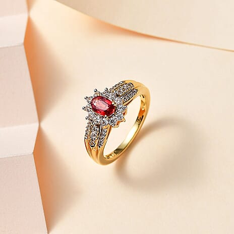 Red Orange Sapphire & Natural Zircon Ring in 18K Vermeil YG Plated Sterling Silver 1.12 Ct