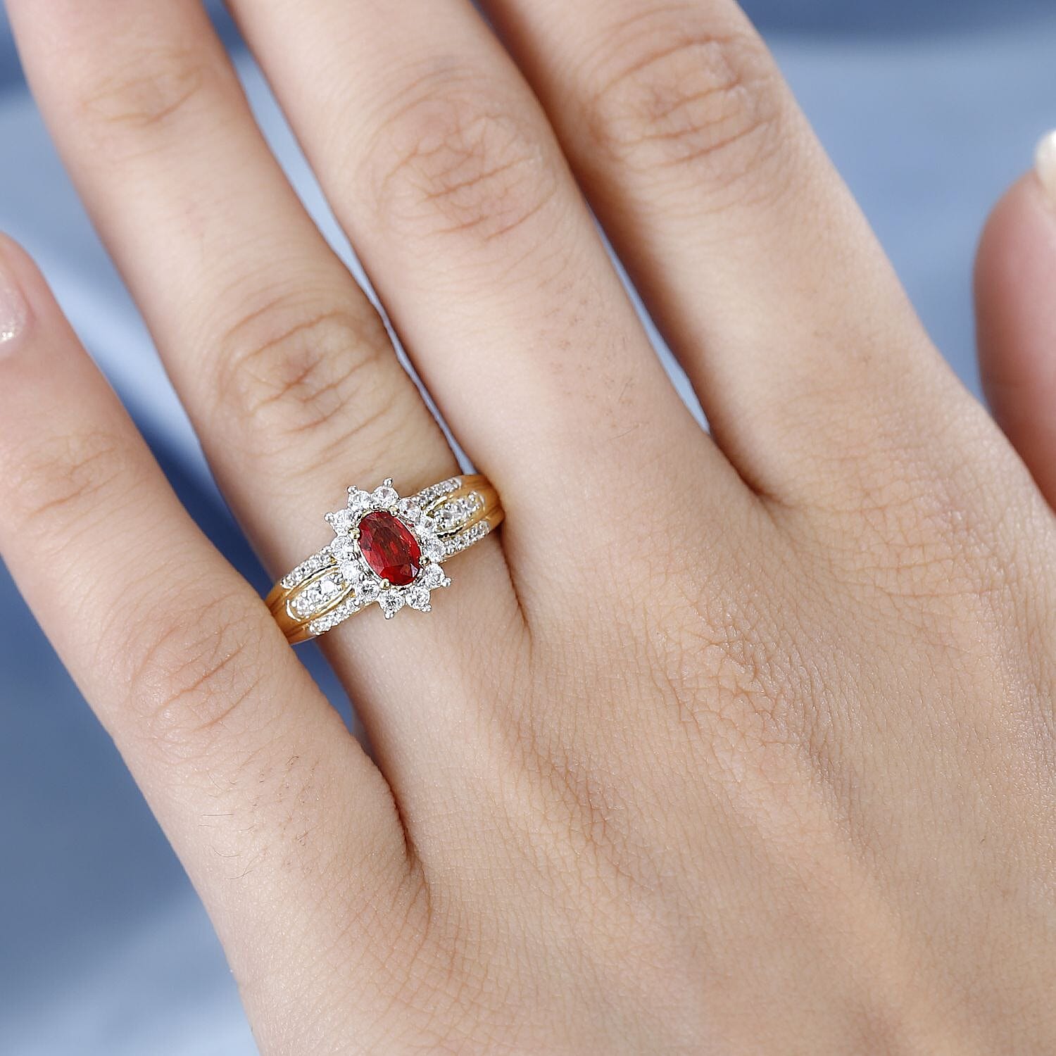 Red Orange Sapphire & Natural Zircon Ring in 18K Vermeil YG Plated Sterling Silver 1.12 Ct