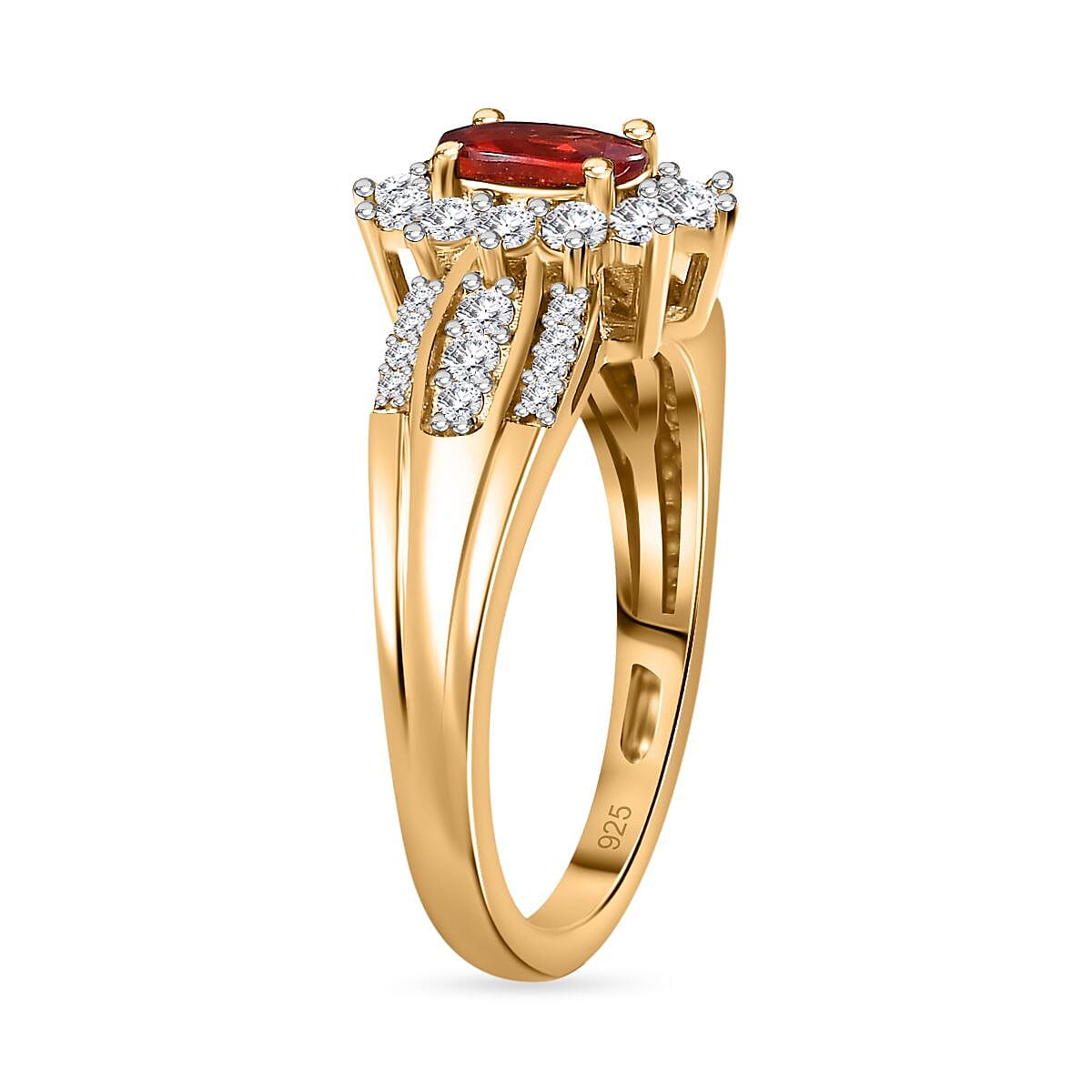 Red Orange Sapphire & Natural Zircon Ring in 18K Vermeil YG Plated Sterling Silver 1.12 Ct