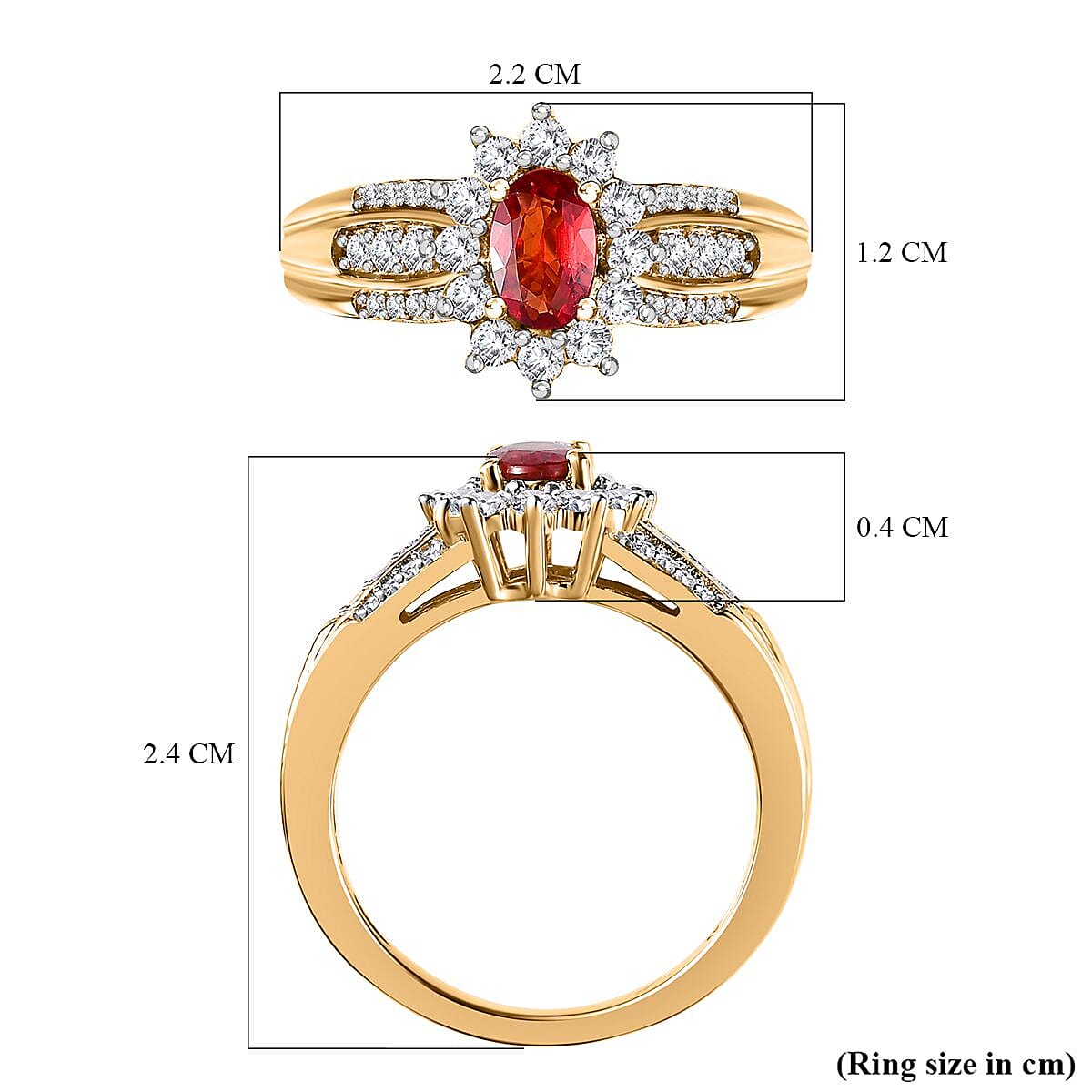 Red Orange Sapphire & Natural Zircon Ring in 18K Vermeil YG Plated Sterling Silver 1.12 Ct
