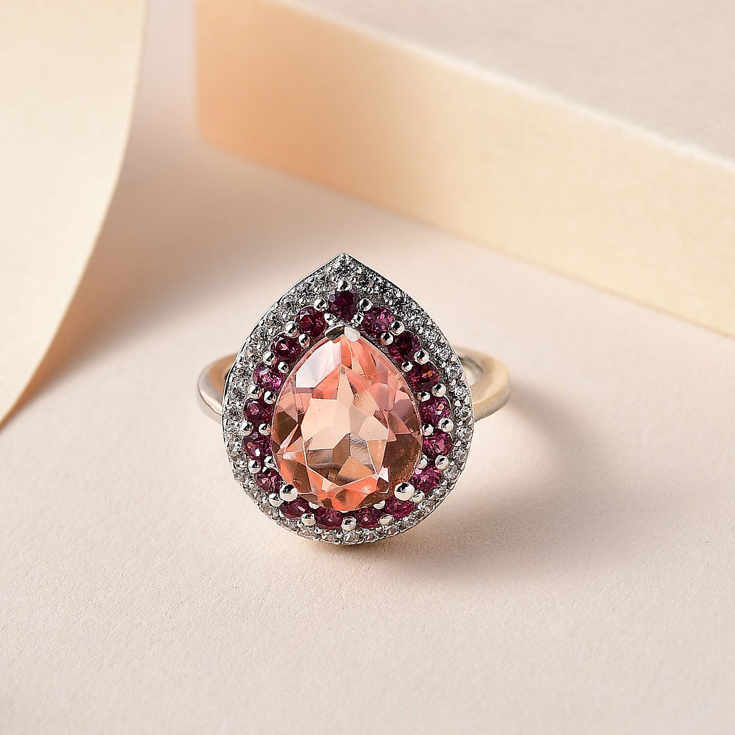 Morganite Colour Quartz, Natural Zircon & Lotus Garnet Ring in Platinum Overlay Sterling Silver 4.94 Ct.