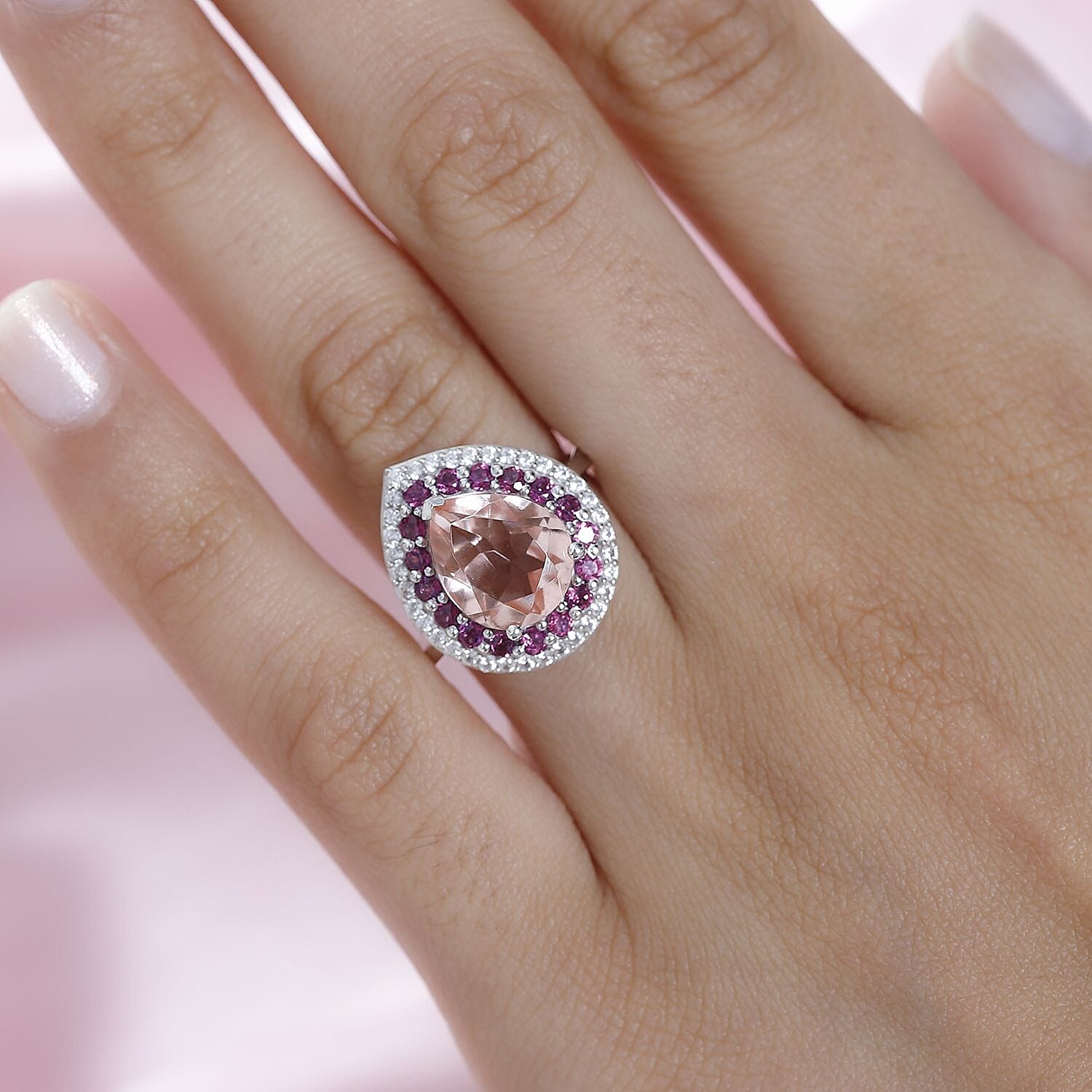 Morganite Colour Quartz, Natural Zircon & Lotus Garnet Ring in Platinum Overlay Sterling Silver 4.94 Ct.