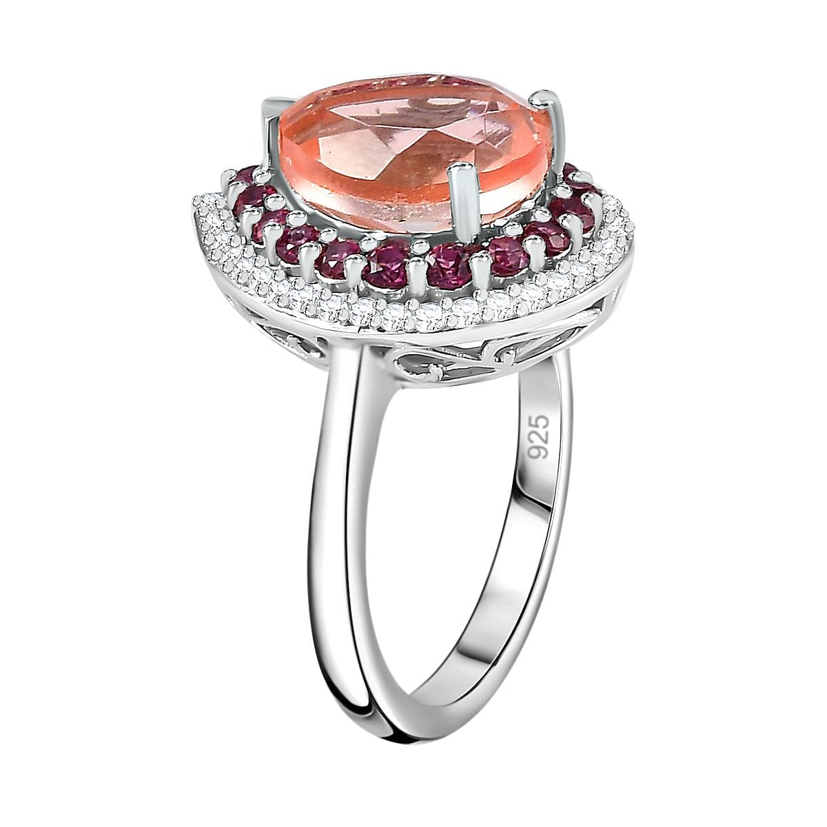 Morganite Colour Quartz, Natural Zircon & Lotus Garnet Ring in Platinum Overlay Sterling Silver 4.94 Ct.