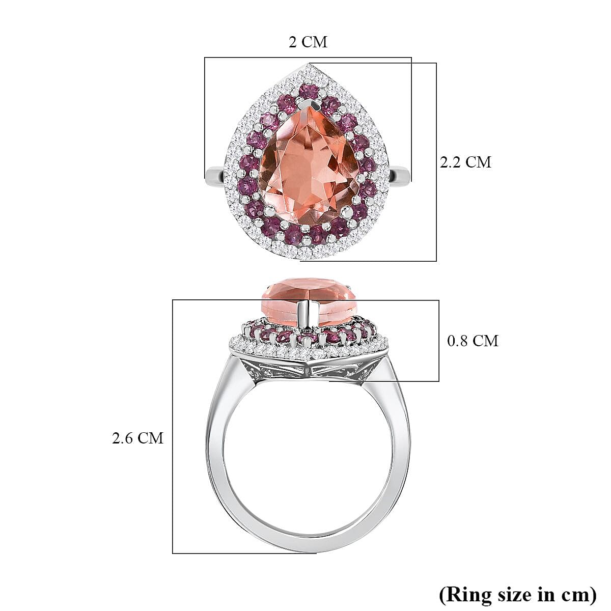 Morganite Colour Quartz, Natural Zircon & Lotus Garnet Ring in Platinum Overlay Sterling Silver 4.94 Ct.