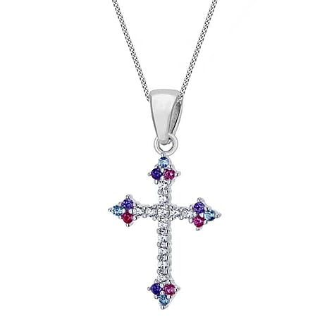 Multi Colour Cubic Zirconia Cross Pendant in Rhodium Overlay Sterling Silver
