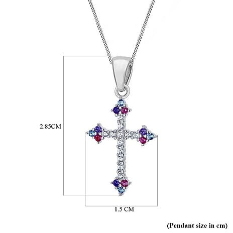 Multi Colour Cubic Zirconia Cross Pendant in Rhodium Overlay Sterling Silver