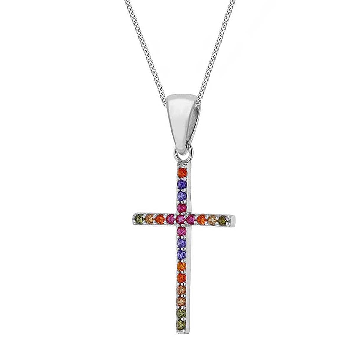 Multi Colour Cubic Zirconia Cross Pendant in Rhodium Overlay Sterling Silver