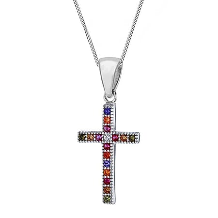 Silver Cross Pendant in Multi Colour Cubic Zirconia