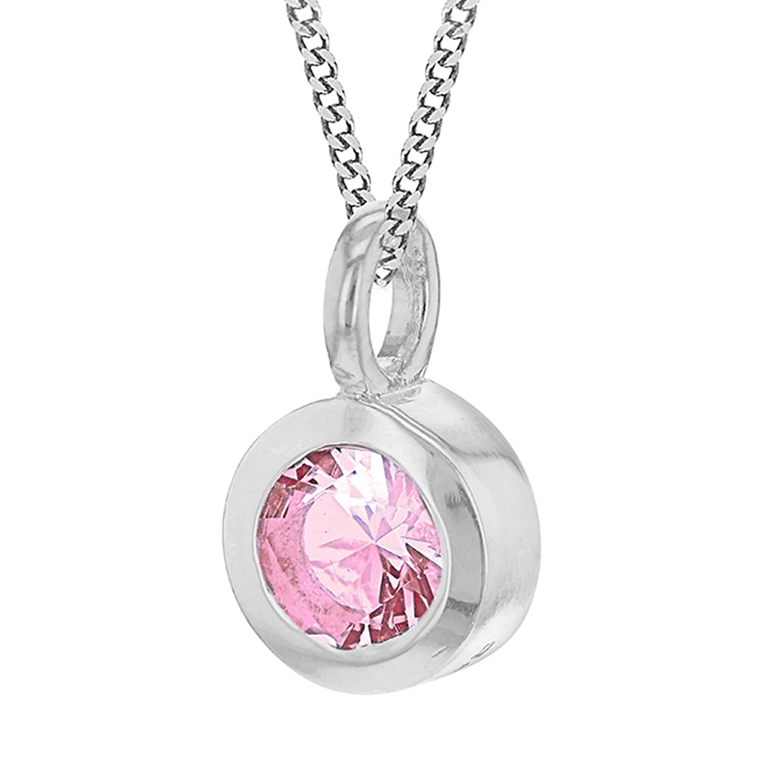 Pink Cubic Zirconia Solitaire Birthstone Pendant in Sterling Silver
