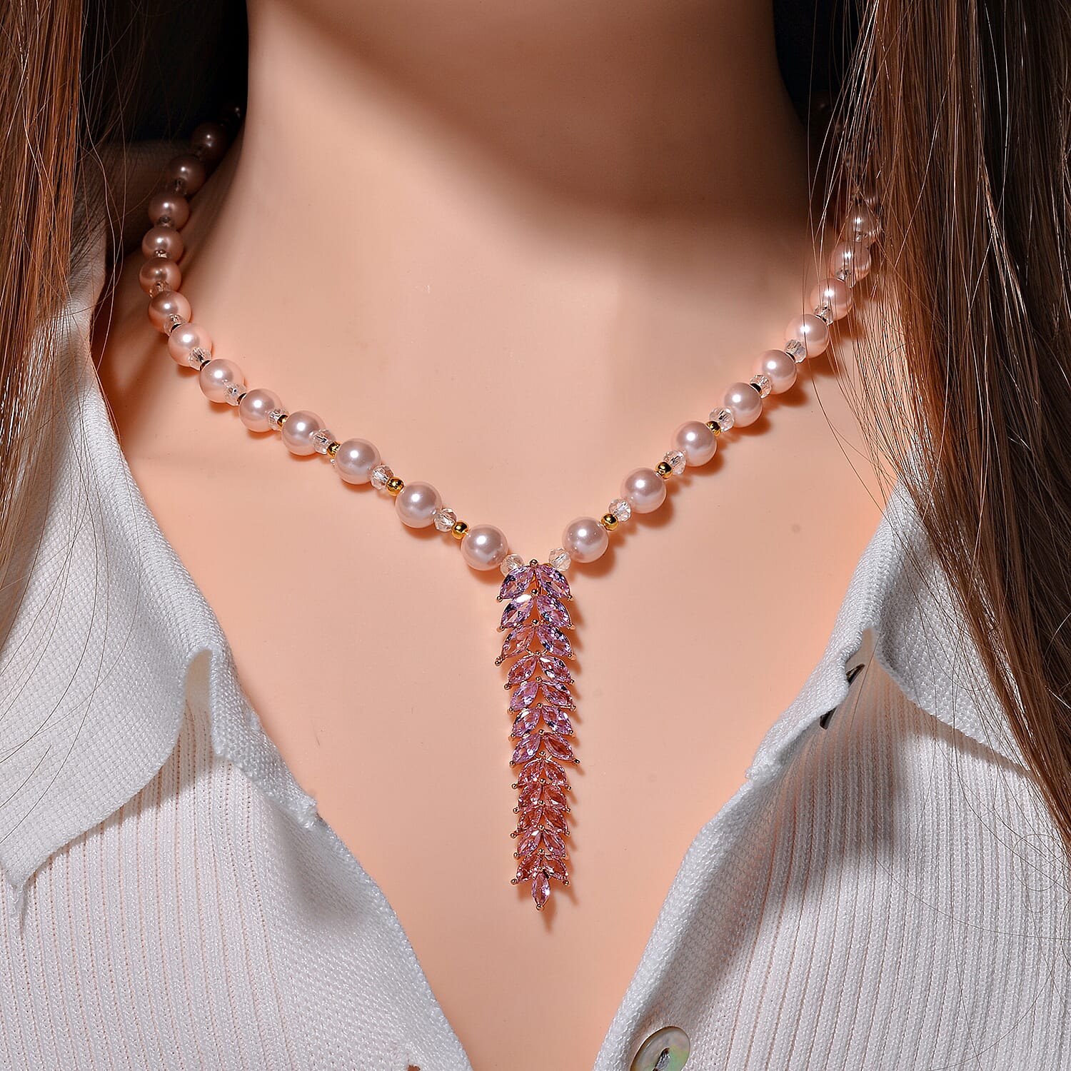 Designer Closeout - Pink Colour Shell Pearl, Pink Cubic Zirconia & Mystic Crystal Necklace (Size 20-22)