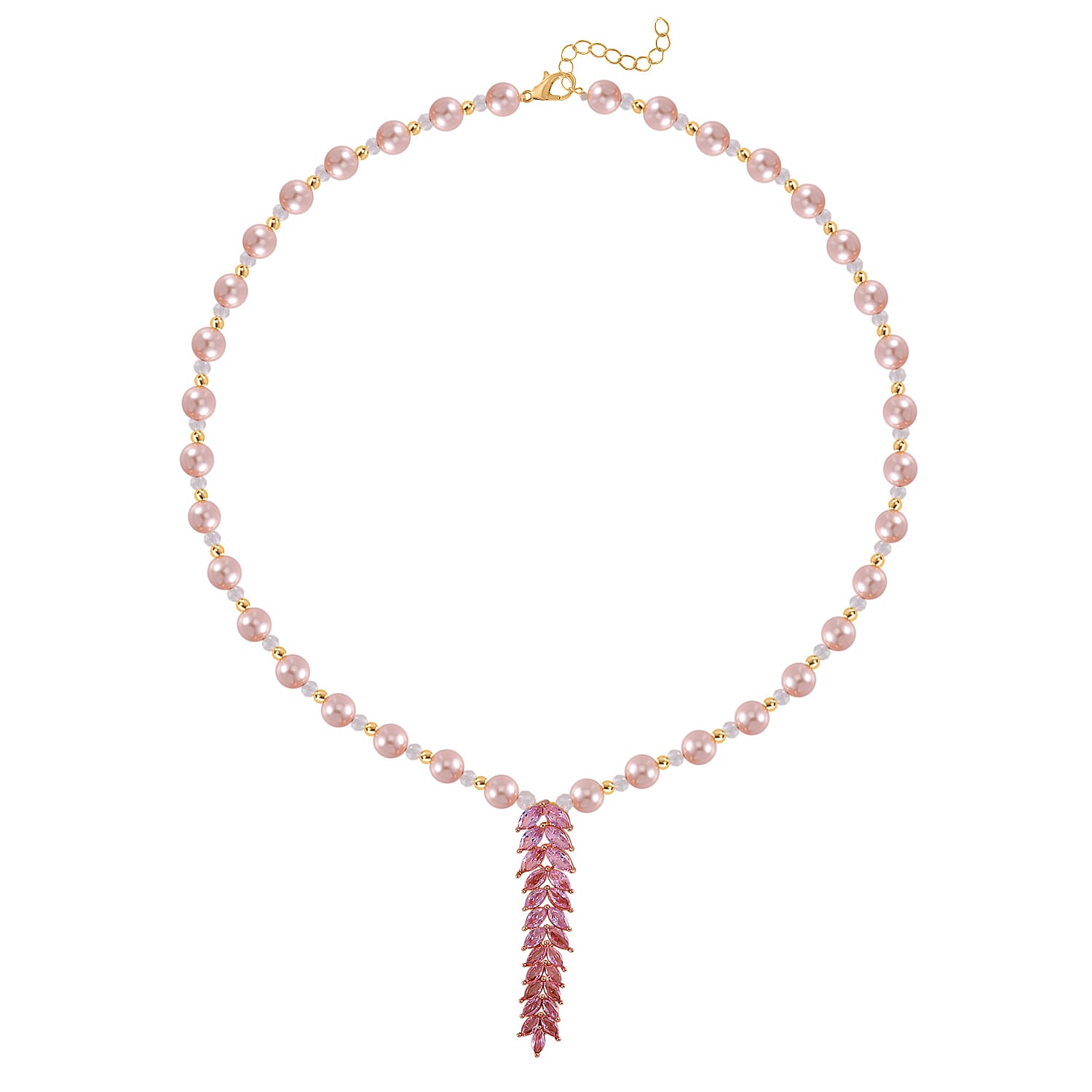 Designer Closeout - Pink Colour Shell Pearl, Pink Cubic Zirconia & Mystic Crystal Necklace (Size 20-22)