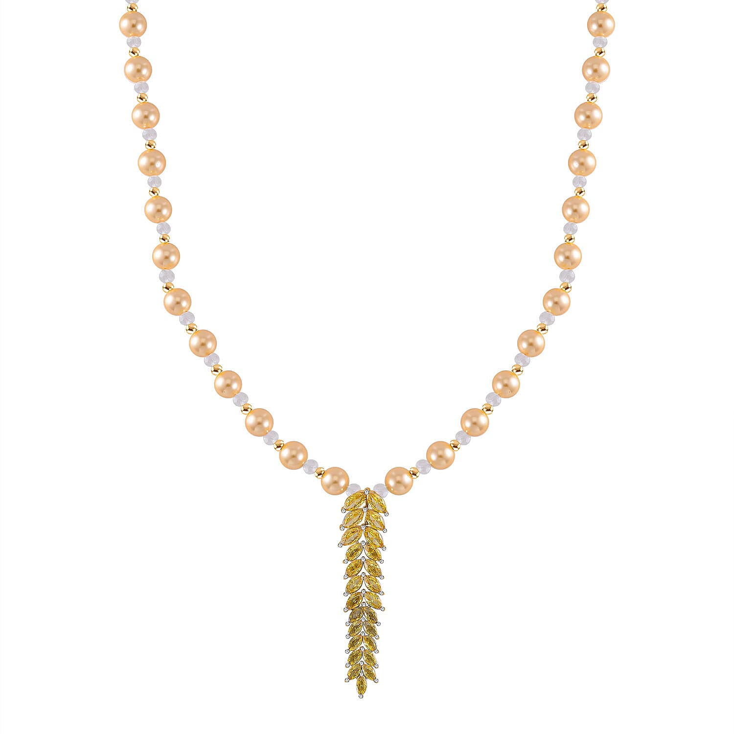 Designer Closeout - Golden Colour Shell Pearl, Gold Cubic Zirconia & Crystal Necklace (Size 20-22)