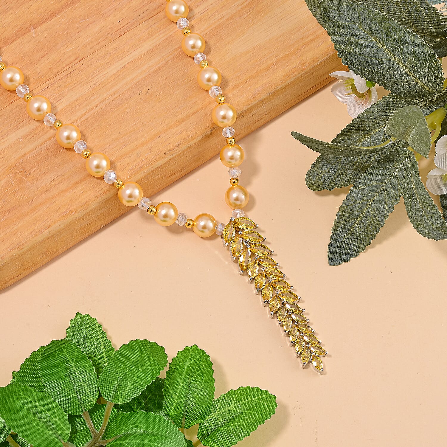 Designer Closeout - Golden Colour Shell Pearl, Gold Cubic Zirconia & Crystal Necklace (Size 20-22)