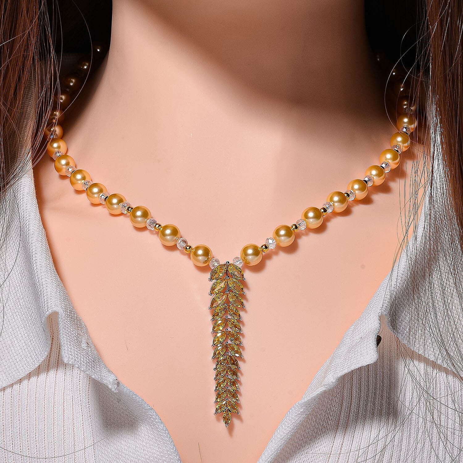 Designer Closeout - Golden Colour Shell Pearl, Gold Cubic Zirconia & Crystal Necklace (Size 20-22)