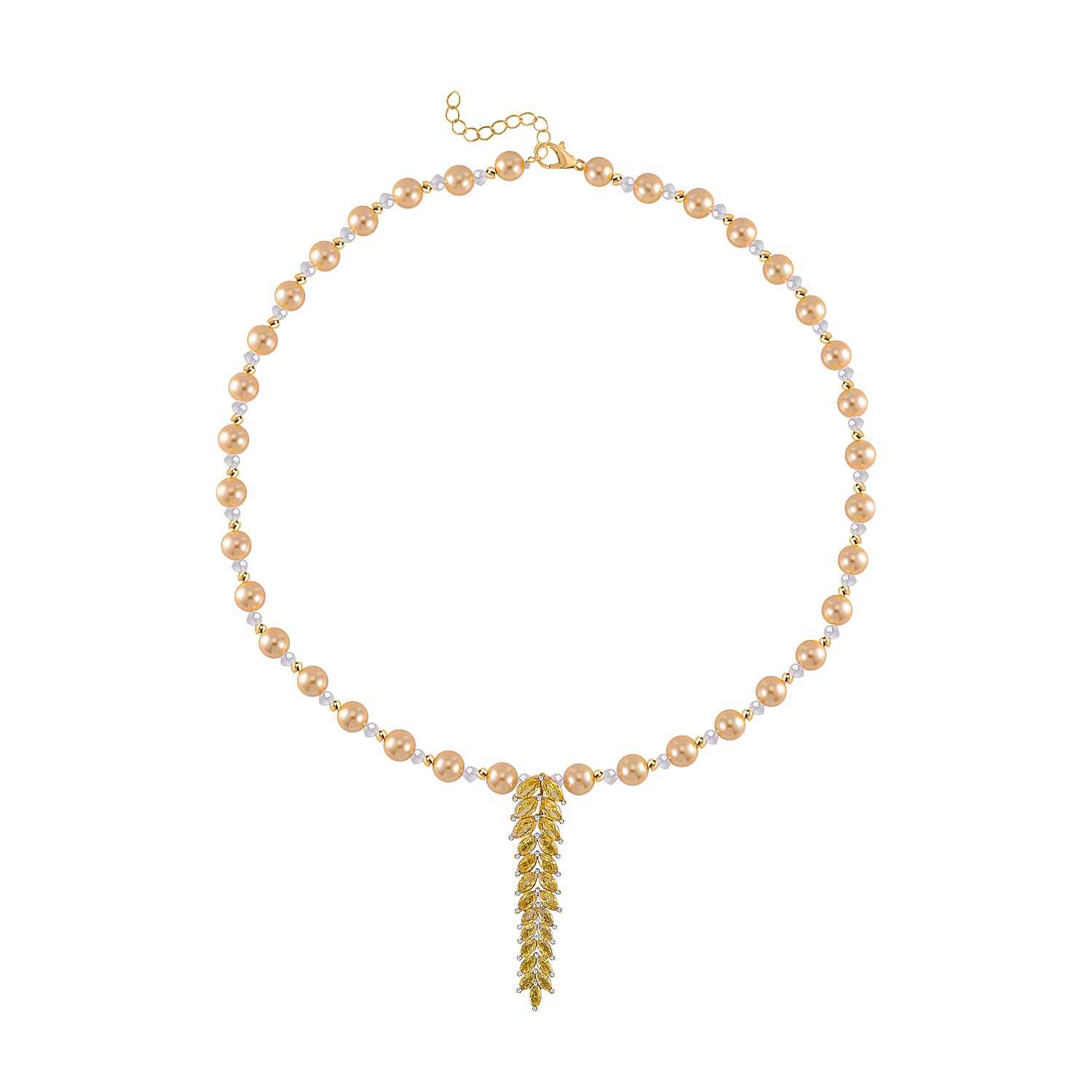Designer Closeout - Golden Colour Shell Pearl, Gold Cubic Zirconia & Crystal Necklace (Size 20-22)