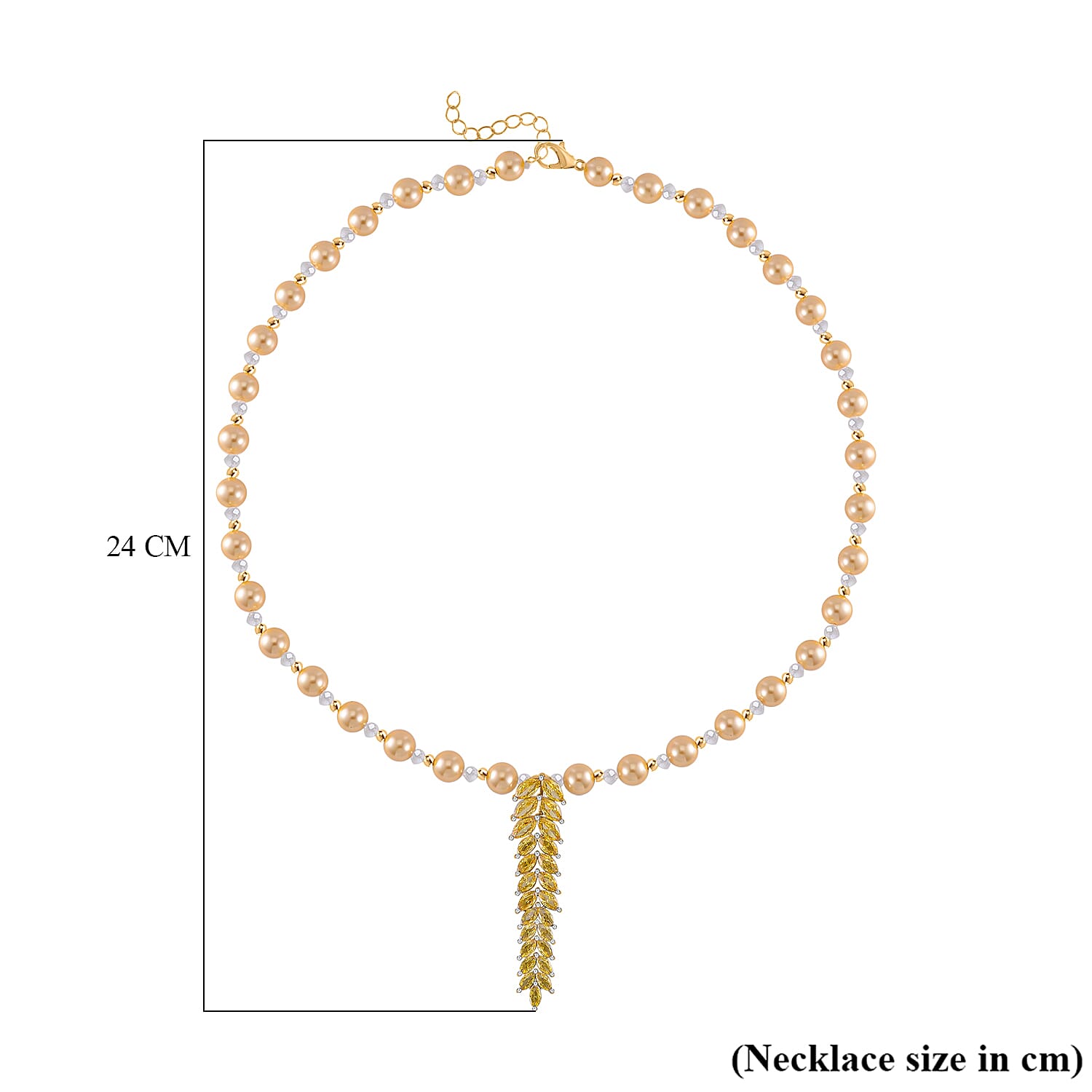 Designer Closeout - Golden Colour Shell Pearl, Gold Cubic Zirconia & Crystal Necklace (Size 20-22)