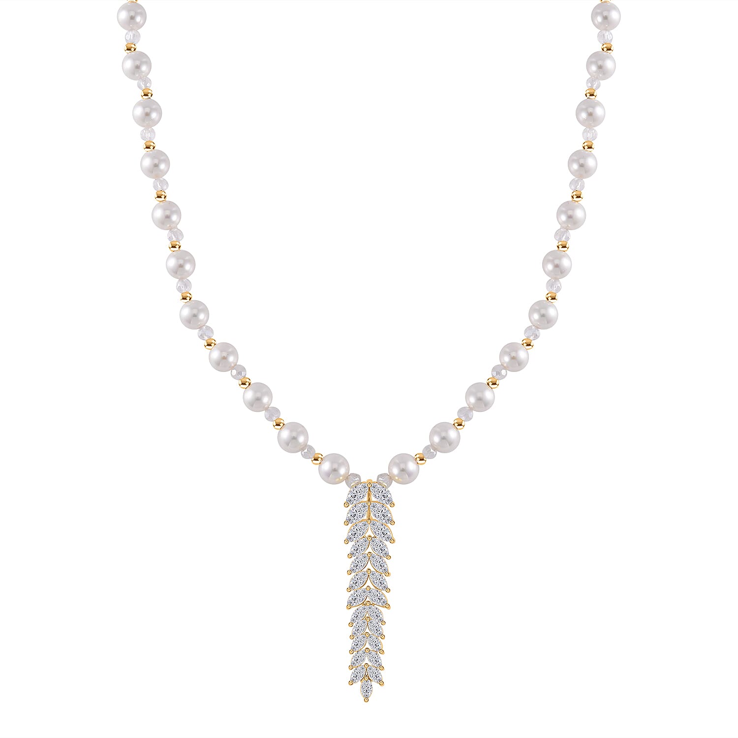 Designer Closeout - White Colour Shell Pearl, White Cubic Zirconia & Crystal Necklace (Size 20-22)