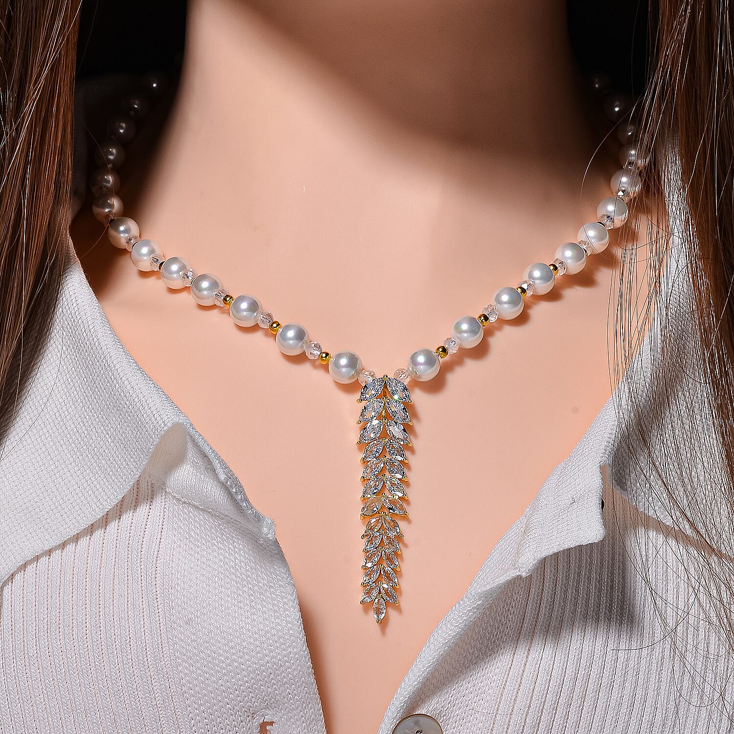 Designer Closeout - White Colour Shell Pearl, White Cubic Zirconia & Crystal Necklace (Size 20-22)