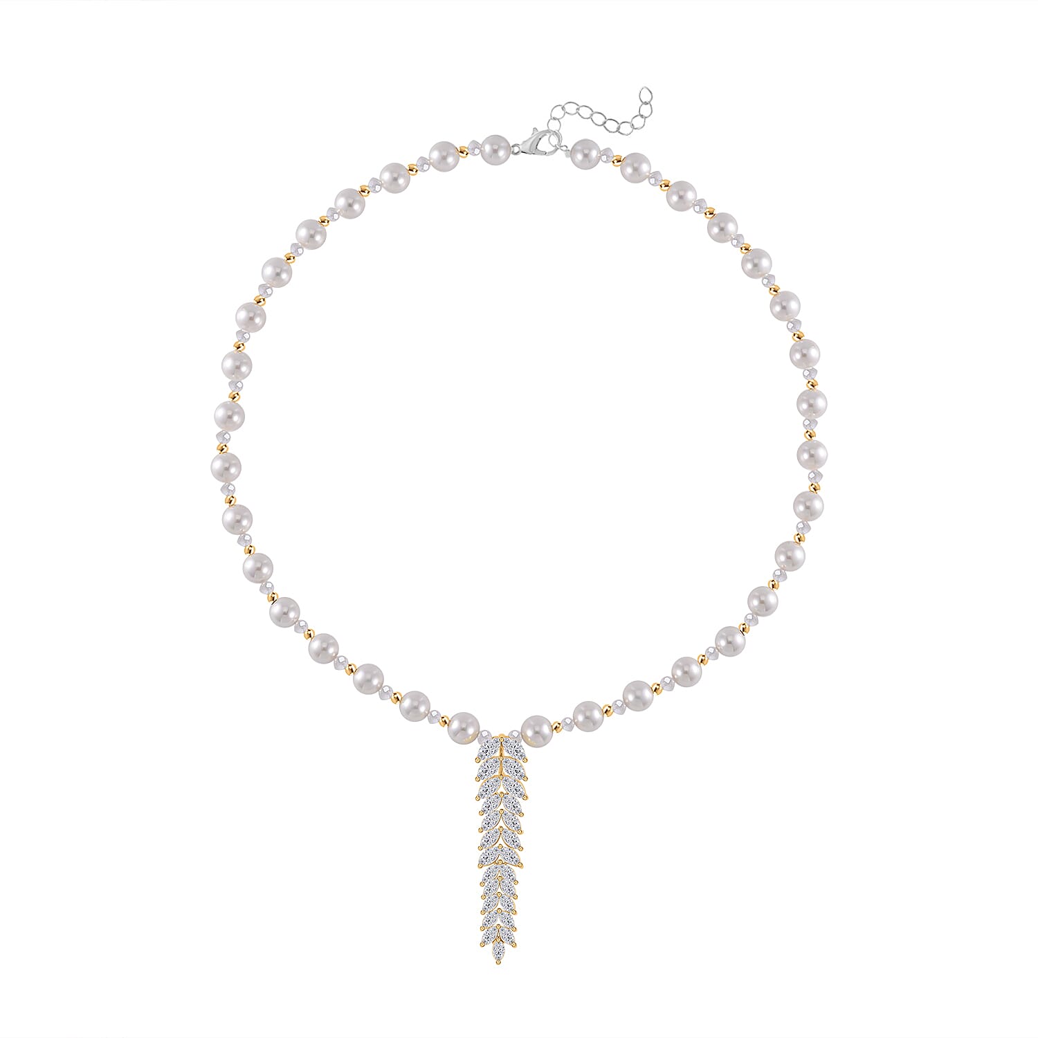 Designer Closeout - White Colour Shell Pearl, White Cubic Zirconia & Crystal Necklace (Size 20-22)