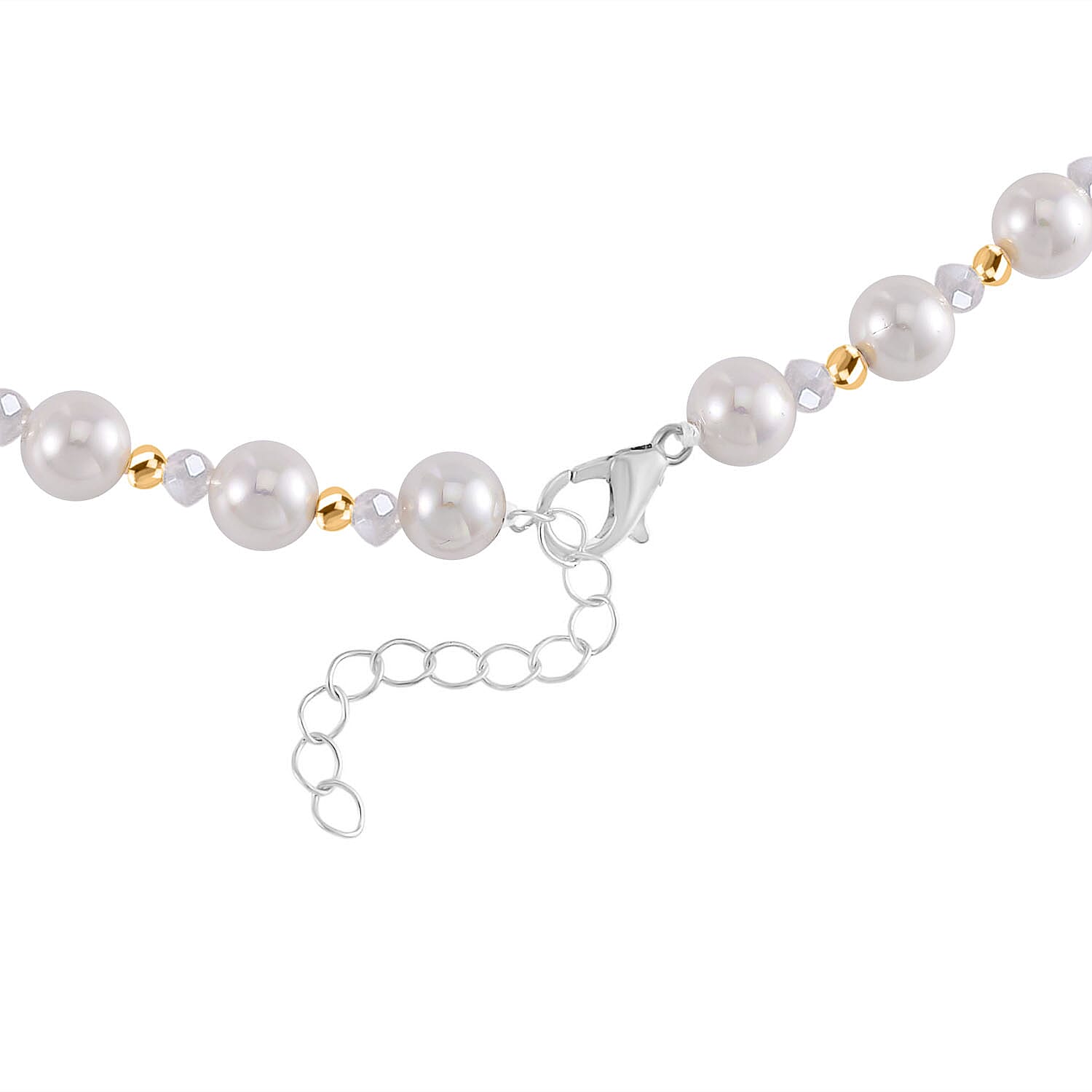 Designer Closeout - White Colour Shell Pearl, White Cubic Zirconia & Crystal Necklace (Size 20-22)