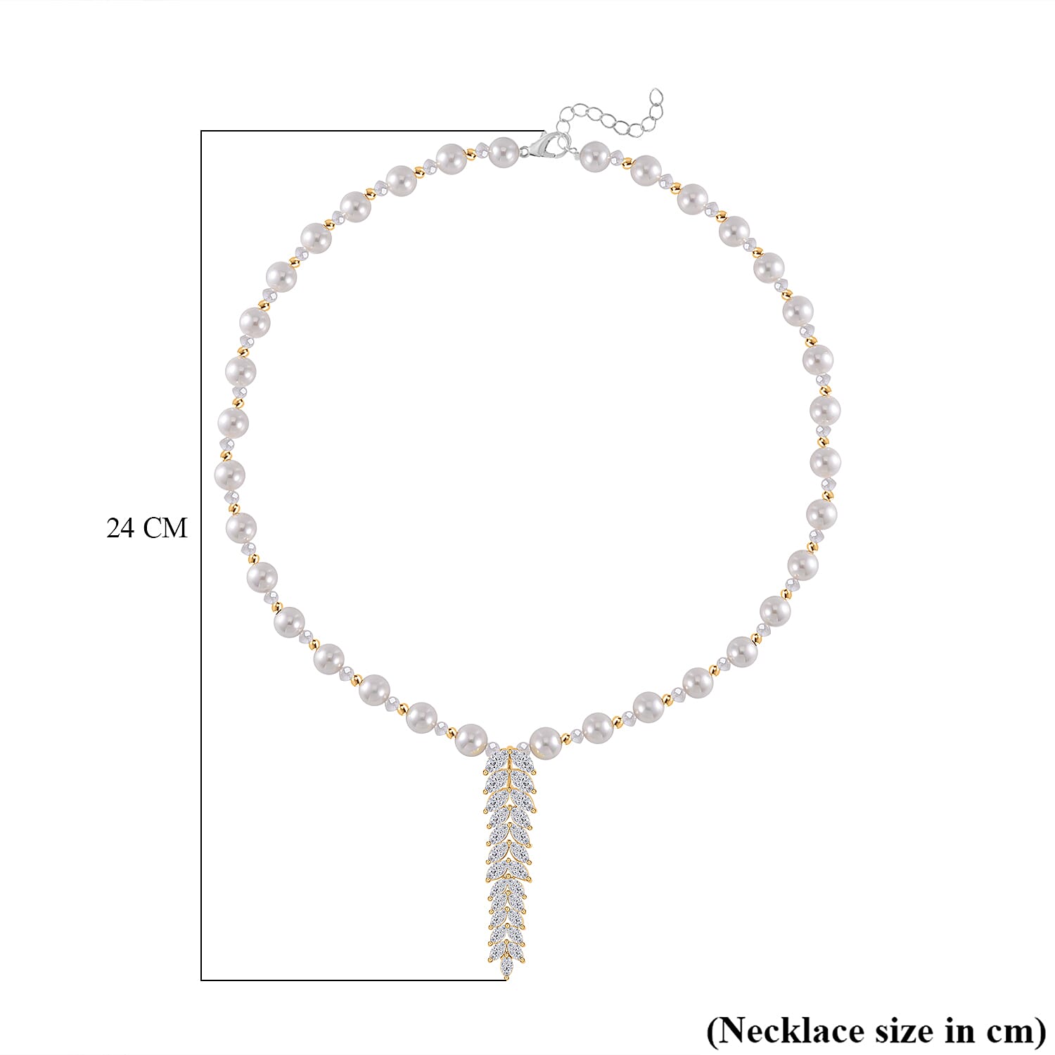 Designer Closeout - White Colour Shell Pearl, White Cubic Zirconia & Crystal Necklace (Size 20-22)