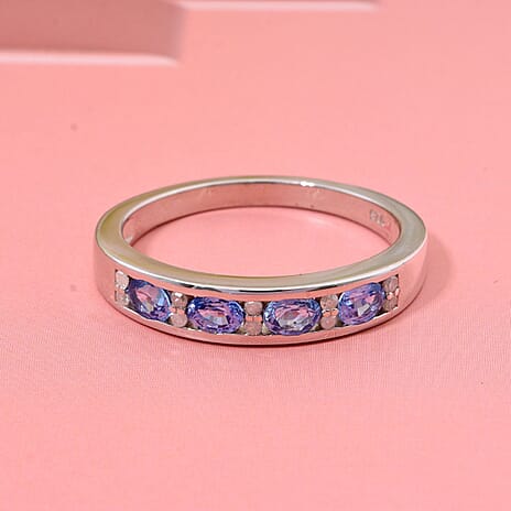 New Arrival - Blue Ceylon Sapphire ring with White Diamonds in Platinum Overlay Sterling Silver