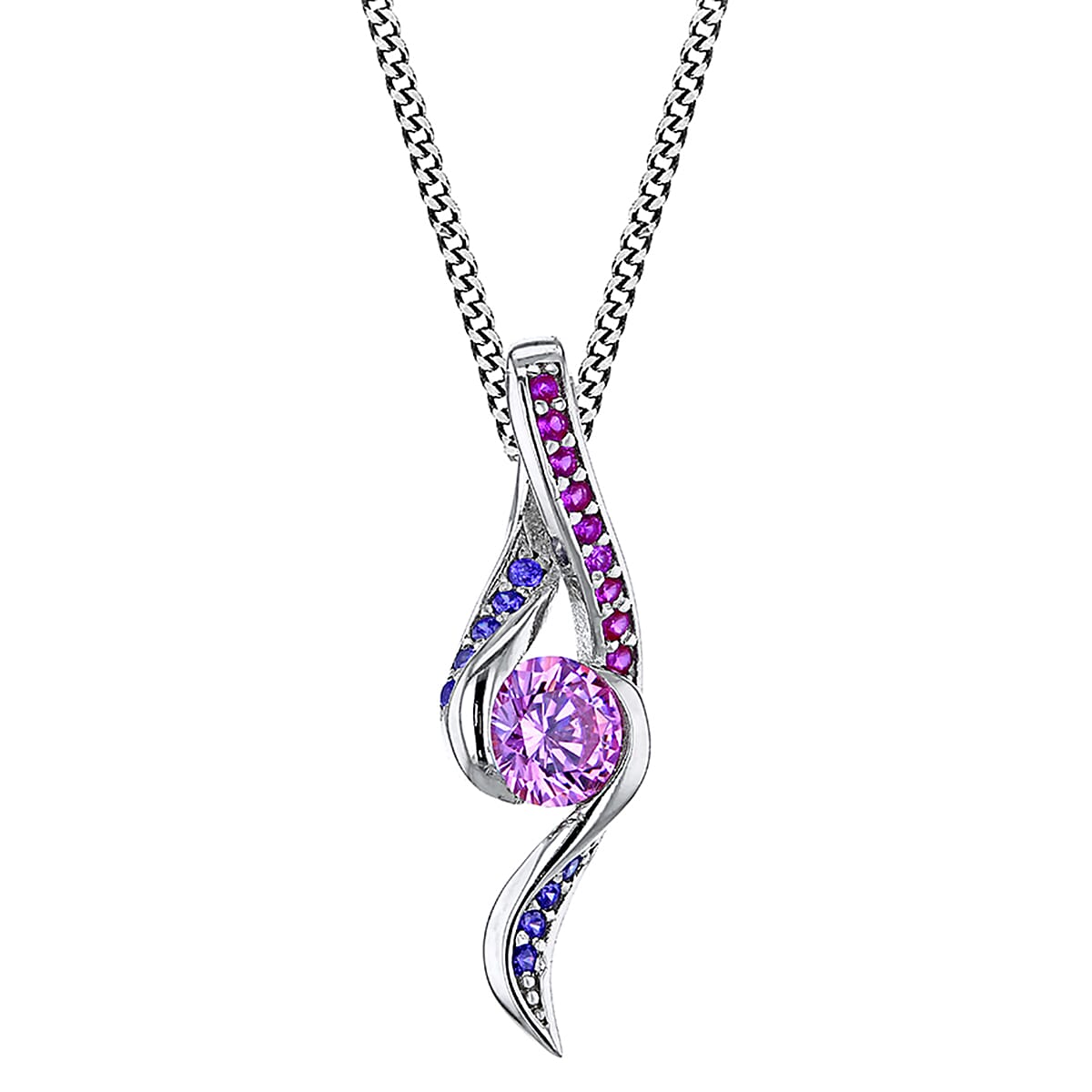 Light Pink, Purple & Pink Cubic Zirconia Corundun Pendant in Rhodium Overlay Sterling Silver